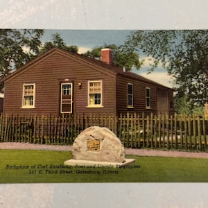 Cartolina d'epoca del poeta Carl Sandburg, luogo di nascita di Galesburg, Illinois, IL
