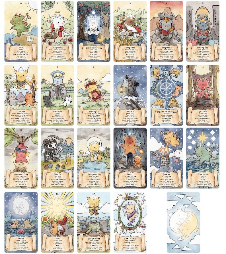 May include: A collection of twenty-two tarot cards featuring whimsical dragon illustrations. Each card displays a unique character, a numbered title, and a scroll-like text box at the bottom. The artwork uses soft watercolour tones and depicts various mythical scenes.