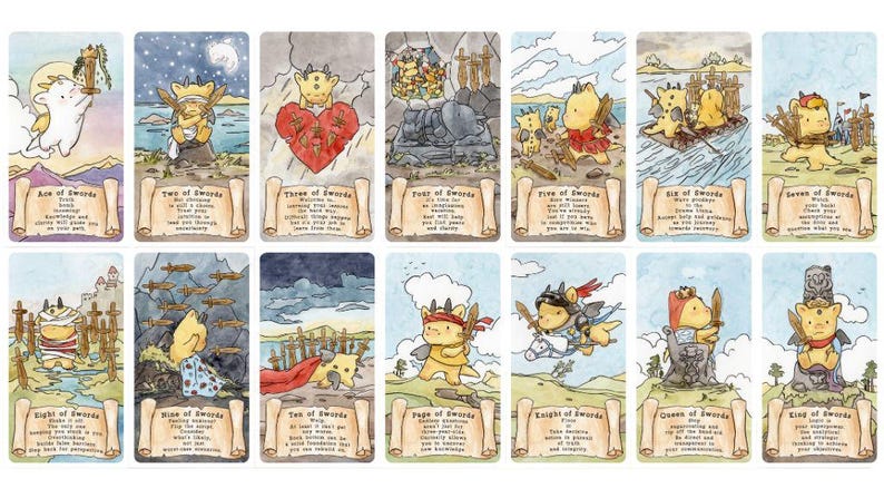 May include: A set of fourteen tarot cards featuring yellow horned creatures in various scenes. Each card includes a title like Ace of Swords through King of Swords, a scroll-shaped text box with descriptive text, and watercolour-style illustrations.