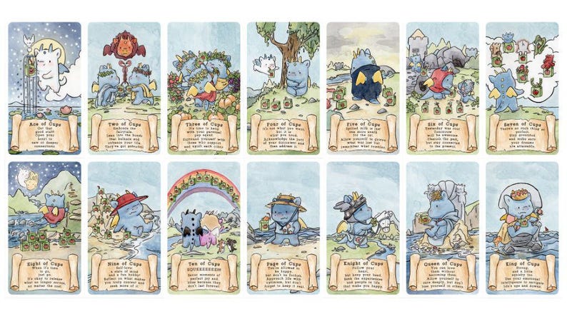 May include: A collection of fourteen tarot cards featuring blue dragon-like creatures in various scenes. Each card includes a title, such as Ace of Cups through King of Cups, and a short text passage printed on a scroll graphic at the bottom of each card.
