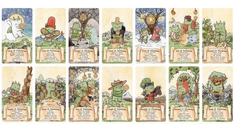 May include: A set of fourteen tarot cards featuring green dragon characters in various scenes. Each card displays a title like Ace of Pentacles or King of Pentacles, accompanied by descriptive text on a scroll graphic at the bottom of each card.