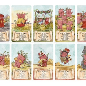 May include: A set of fourteen tarot cards featuring watercolour illustrations of small red dragons. Each card displays a unique scene with a dragon, a title like Ace of Wands or King of Wands, and a short text passage printed on a scroll at the bottom.