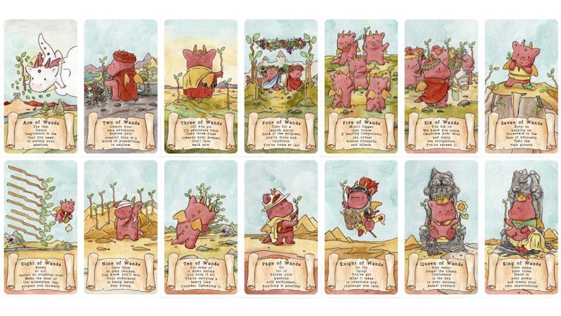 May include: A set of fourteen tarot cards featuring watercolour illustrations of small red dragons. Each card displays a unique scene with a dragon, a title like Ace of Wands or King of Wands, and a short text passage printed on a scroll at the bottom.