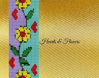 May include: A PDF pattern for a loom-stitched bracelet featuring a design of hearts and flowers. The pattern is for a bracelet with a repeating design of yellow flowers with red centers, green leaves, and red hearts on a purple and blue background. The pattern is from P.B.J. Design Boutique.