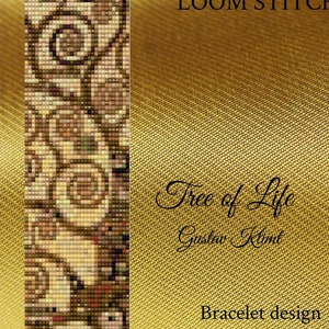 Könnte beinhalten: Ein PDF-Muster für ein gewebtes Armband mit einem Design, das von Gustav Klimts "Baum des Lebens" inspiriert ist. Das Muster ist bei Patterns Beads Jewelry, einer Designboutique, erhältlich.