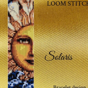 May include: A PDF pattern for a loom-stitched bracelet featuring a sun and waves design. The pattern is titled "Solaris" and is from PBB Design Boutique.