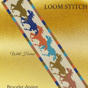 May include: A PDF pattern for a loom-stitched bracelet featuring a design of four wild horses in brown, blue, orange, and pink. The pattern is titled "Wild Horses" and is from the "Pattern Bead Jewelry" design boutique.