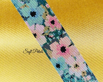 May include: PDF pattern for a loom stitched bracelet with a floral design. The bracelet features soft pink and blue flowers on a teal background. The pattern is titled "Soft Petals" and is from "PBJ Design Boutique".