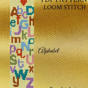 May include: PDF pattern for a loom stitched alphabet bracelet. The design features all 26 letters of the alphabet in colorful, pixelated blocks. The bracelet is accented with red hearts at the top and bottom.