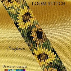 May include: A beaded bracelet design featuring a sunflower pattern, created using the loom stitch technique. The design includes the text "PDF Pattern Loom Stitch" and "Sunflowers". The bracelet design is from PBJ Design Boutique.