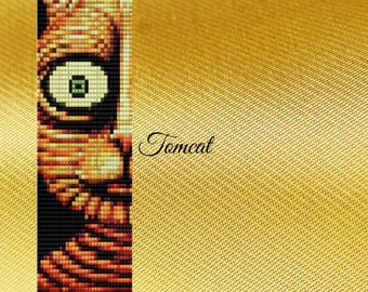 May include: A PDF pattern for a loom-stitched bracelet featuring a close-up of a cartoon orange cat with green eyes. The pattern is titled "Tomcat" and is a design by "Pattern Bead Jewelry".