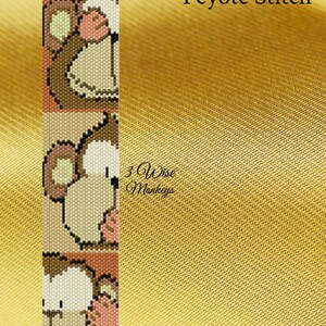 May include: A PDF pattern for a peyote stitch bracelet featuring three cartoon monkeys. The pattern is titled "3 Wise Monkeys" and is from the "PBJ Pattern Design Boutique" brand.