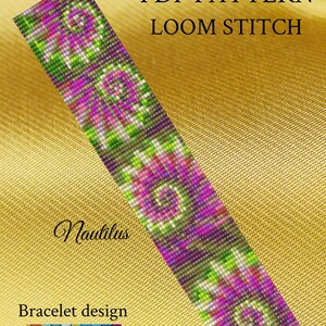 May include: A PDF pattern for a loom-stitched bracelet with a colorful design called "Nautilus". The pattern is from Pattern Bead Jewelry Design Boutique.
