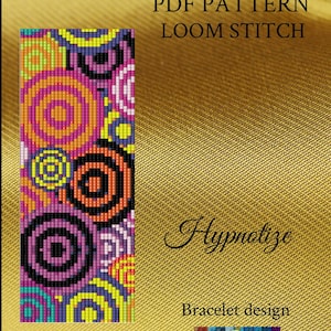 May include: A colorful loom-stitched bracelet pattern with a geometric design of overlapping circles in shades of pink, orange, yellow, green, purple, and black. The pattern is titled "Hypnotize" and is a PDF download from Patterns Beads Jewelry.
