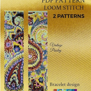 Peut inclure: Un patron PDF numérique pour des modèles de bracelets au point de métier. L'image montre deux motifs de bracelets rectangulaires colorés avec des motifs cachemire complexes dans des tons de jaune, bleu, rouge et rose. Le texte comprend "PDF PATTERN LOOM STITCH 2 PATTERNS" et "Bracelet design".