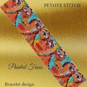 May include: A PDF pattern for a peyote stitch bracelet featuring a colorful design of multiple faces. The pattern is titled "Painted Faces" and is from PJB Design Boutique.