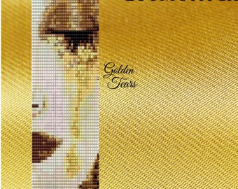 May include: A PDF pattern for a loom-stitched bracelet featuring a colorful portrait of a woman with a crown. The pattern is titled "Golden Tears" and is designed by "PJB Design Boutique".