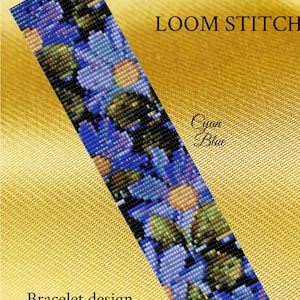 May include: A PDF pattern for a loom-stitched bracelet featuring a colorful abstract design with shades of blue, green, and yellow. The pattern is titled "Cyan Blue" and is from Pattern Beads Jewelry Design Boutique.
