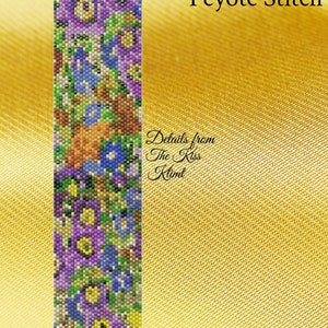 May include: A colorful beaded bracelet pattern in peyote stitch, featuring a floral design with purple, blue, green, and yellow beads. The pattern is titled "Details from The Kiss Kimt" and is a bracelet design from PBJ Pattern Beads Jewelry.