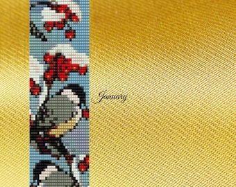 May include: PDF pattern for a loom-stitched bracelet featuring two birds perched on branches with red berries and snow. The design is titled "January" and is from "PBJ Design Boutique, Patterns Beads Jewelry".