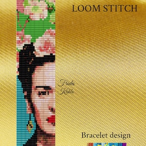 Puede incluir: Un patrón PDF para un brazalete tejido con telar que presenta un retrato de Frida Kahlo. El patrón está diseñado por PJB Design Boutique, Patterns Beads Jewelry.