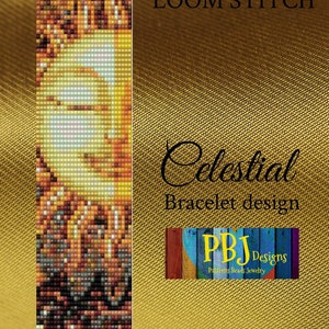 May include: A PDF pattern for a loom-stitched bracelet with a celestial design. The pattern is by PBJ Designs, Patterns Beads Jewelry.