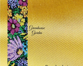 May include: A colorful loom-stitched bracelet pattern featuring a floral design with purple, yellow, blue, and green beads. The pattern is titled "Greenhouse Garden" and is a PDF download from Pattern Bead Jewelry.