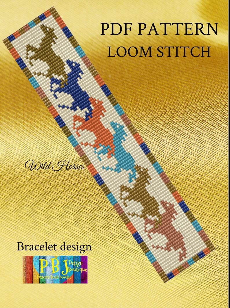 May include: A PDF pattern for a loom-stitched bracelet featuring a design of four wild horses in brown, blue, orange, and pink. The pattern is titled "Wild Horses" and is from the "Pattern Bead Jewelry" design boutique.