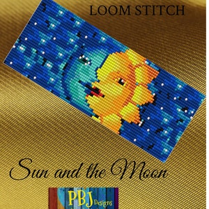 May include: A PDF pattern for loom stitching a sun and moon design. The pattern features a yellow sun and a blue moon on a dark blue background with white stars. The pattern is titled "Sun and the Moon" and is by PBJ Designs, Patterns Beads Jewelry.