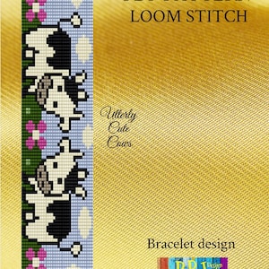 May include: A PDF pattern for a loom-stitched bracelet featuring a design of cute cows in a field of flowers. The pattern is titled "Utterly Cute Cows" and is from the "PJB Design Boutique" shop.
