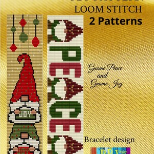 May include: A digital PDF pattern for loom stitch bracelet designs. The image features two patterns: one with a gnome and the word "JOY", and the other spelling "PEACE" with gnomes and Christmas trees. The text reads "PDF PATTERN LOOM STITCH 2 Patterns".