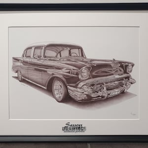 Framed 1957 Chevrolet Sedan A3 Print off Original Pencil Drawing Limited 100 copies