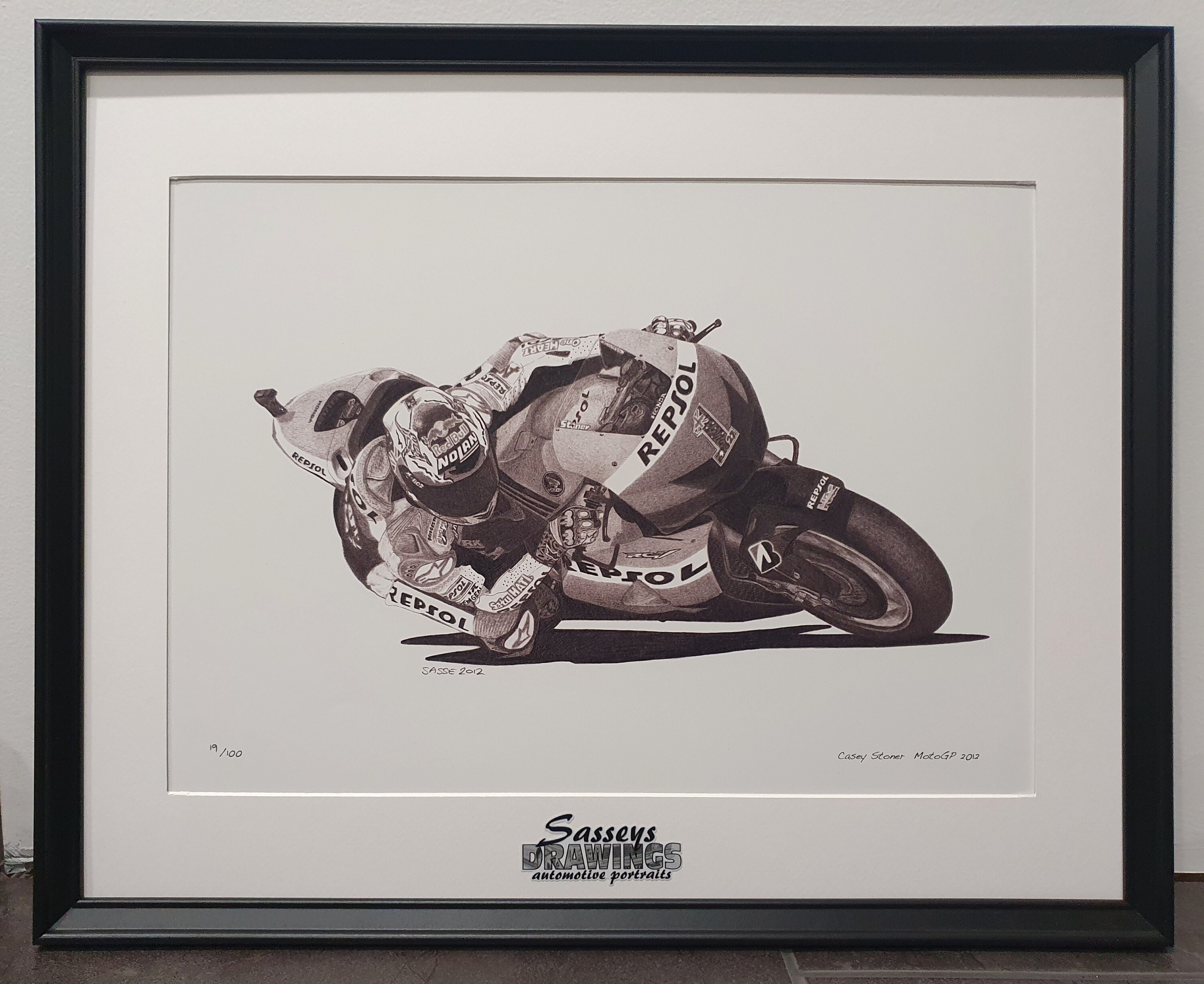Framed Casey Stoner 2012 Honda Motogp A3 Print off Original Pencil 