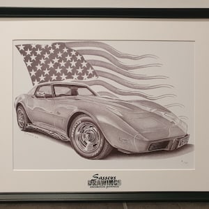 Eingerahmt 1973 Corvette Stingray A3 Druck von Original Bleistift Zeichnung Limitiert 50 Exemplare