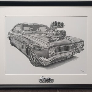 May include: A black and white pencil drawing of a modified Holden HQ Monaro with a large supercharger and four exhaust pipes. The car has a number plate that reads "HTGTS". The drawing is signed "Sasseys Drawings, automotive portraits".