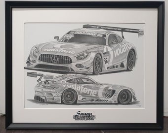 Framed Lowndes/Whincup/Van Gisbergen 2019 Liquimoly 12 Hour Mercedes AMG A3 Print off Original Pencil Drawing Limited 100 copies