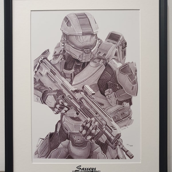 Framed Halo 4 Masterchief A3 Print off Original Pencil Drawing Limited 100 copies