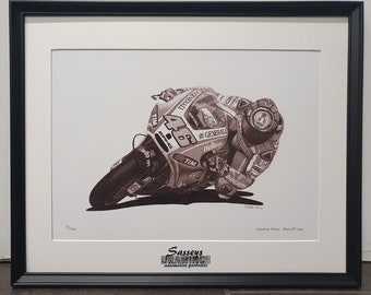 Framed Valentino Rossi 2012 Ducatti MotoGP A3 Print off Original Pencil Drawing Limited 100 copies