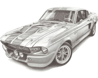 1967 Mustang GT500 A3 Print off Original Pencil Drawing Limited 100 copies