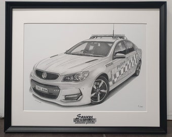 Framed NSW Highway Patrol Commodore VF SS A3 Print off Original Pencil Drawing Limited 100 copies