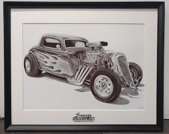 Framed 1934 Ford Coupe Hotrod A3 Print off Original Pencil Drawing Limited 100 copies