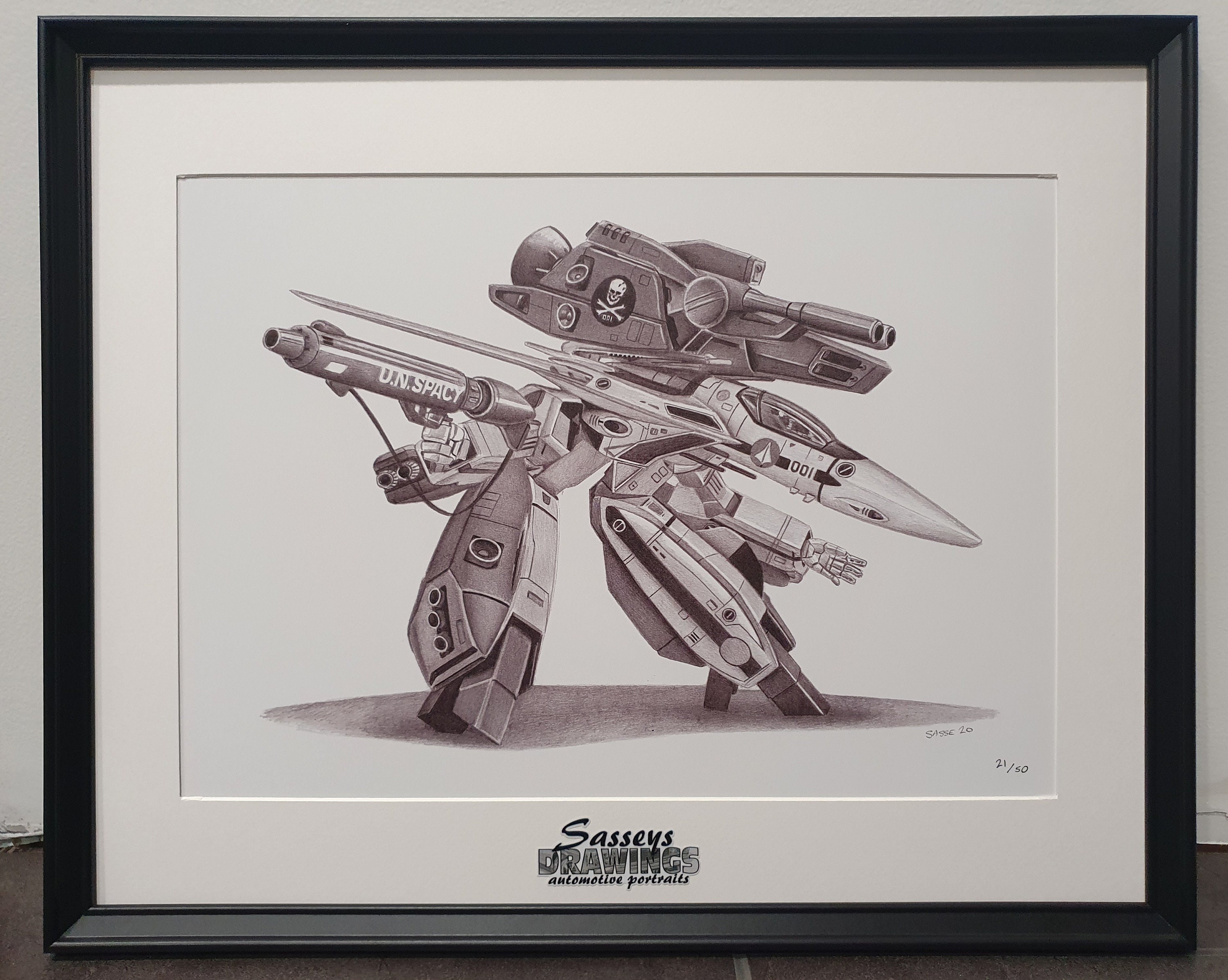 Framed Macross Veritech VF1 Guardian A3 Print off Original Pencil