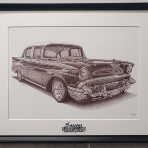 Framed 1957 Chevrolet Sedan A3 Print off Original Pencil Drawing Limited 100 copies