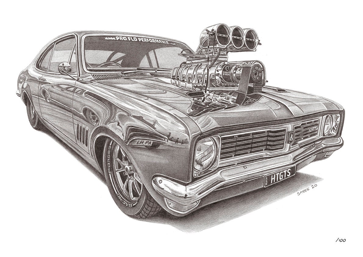Holden 1969 HT GTS Monaro Street Machine A3 Print off Original Bleistift Zeichnung Limitiert 100 Exemplare