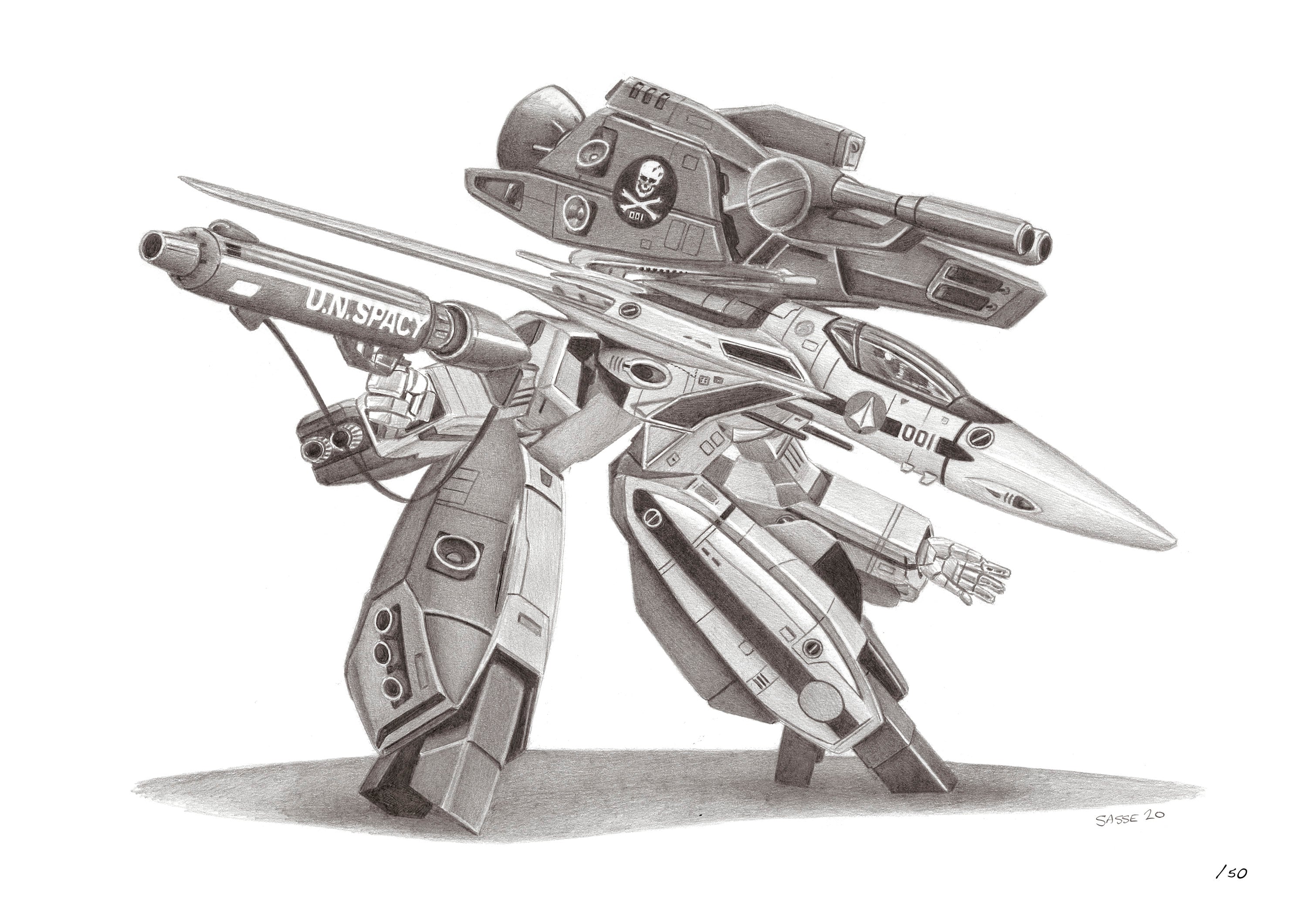 Framed Macross Veritech VF1 Guardian A3 Print off Original Pencil