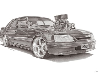 Holden VK Commodore MISCHF Street Machine A3 Print off Original Pencil Drawing Limited 50 copies