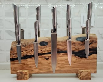 Resin and wooden Knife Holder, Magnetic Knife Stand Olive Wood Knife Block, Knife Display, Messerblock, Knife Organizer, Epoxy Knife Rack