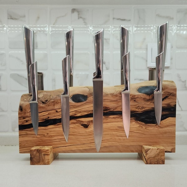 Personalized Olive Wood Magnetic Knife Holder: Resin Epoxy Knife Display