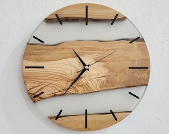 Resin & Olive Wood Wall Clock, Transparent Matte Made to order Epoxy and Olive Wood Wall Clock, Live Edge Rustic Olive Wood Wall Clock