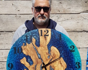 Custom Made Resin & Olive Wood Wall Clock, Made to order Epoxy and Olive Wood Wall Clock, Home gift, Live Edge Rustic Olive Wood Wall Clock